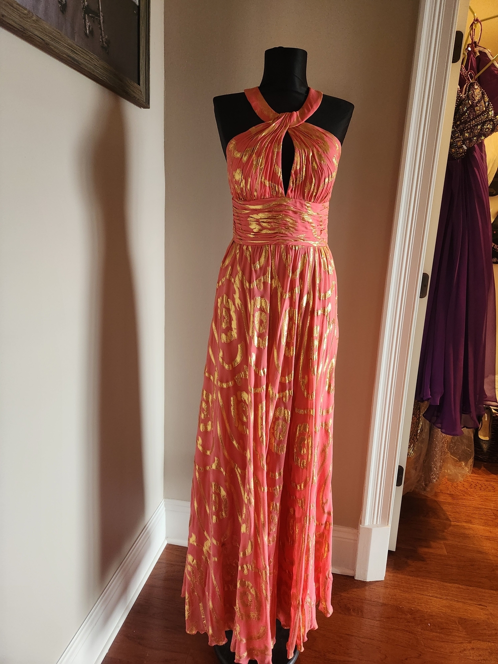 Aidan Mattox Coral and Gold Halter Maxi Dress